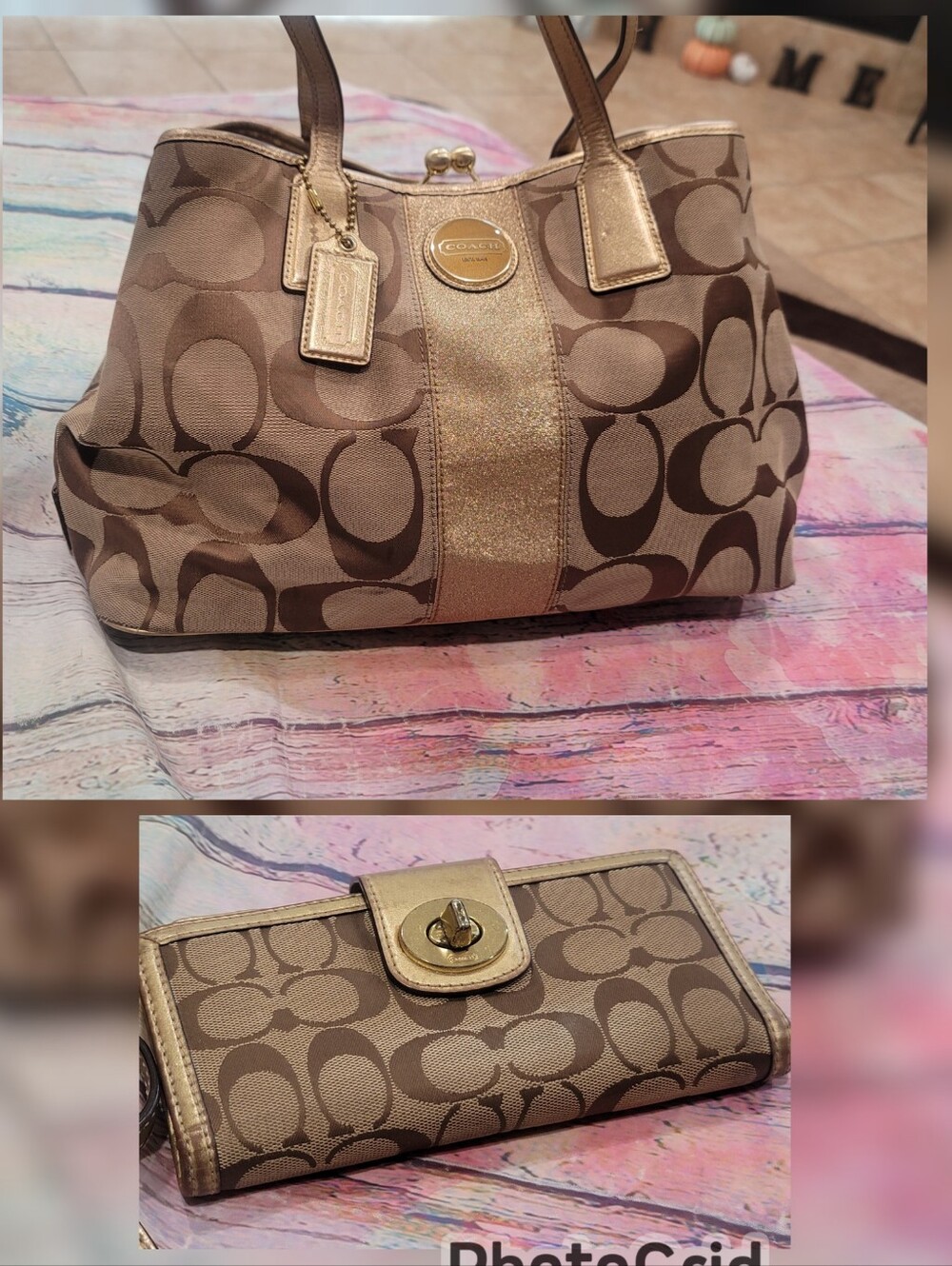 Coach Purse And Matching Wallet Carryall Tote Kiss Lock Closure